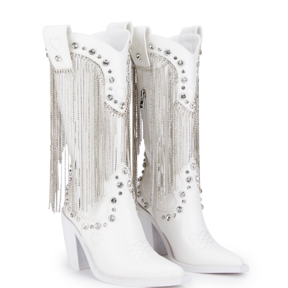 Dolls Kill White Heeled Boots with Silver Fringe